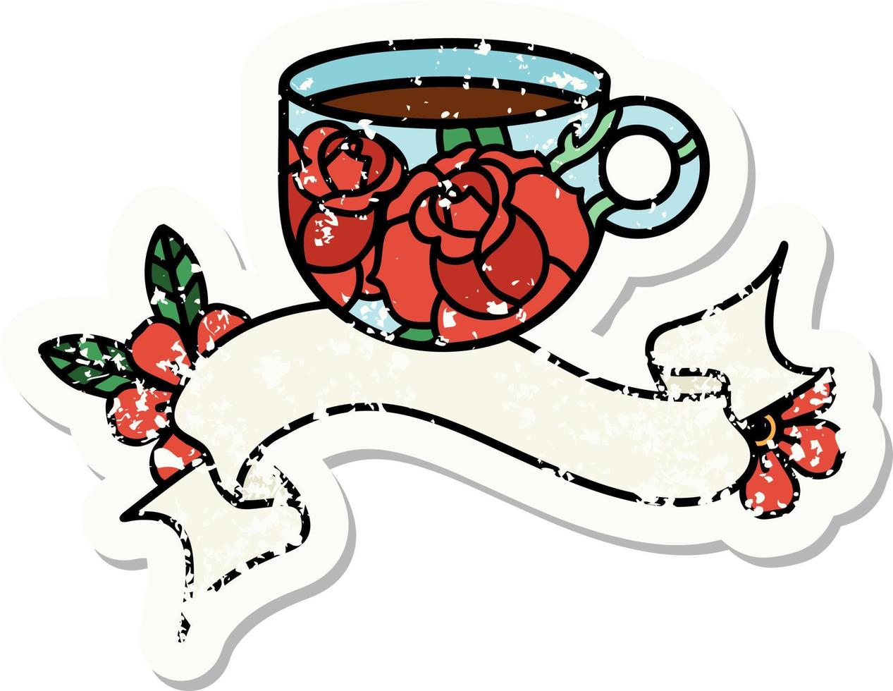 worn old sticker with banner of a cup and flowers vector