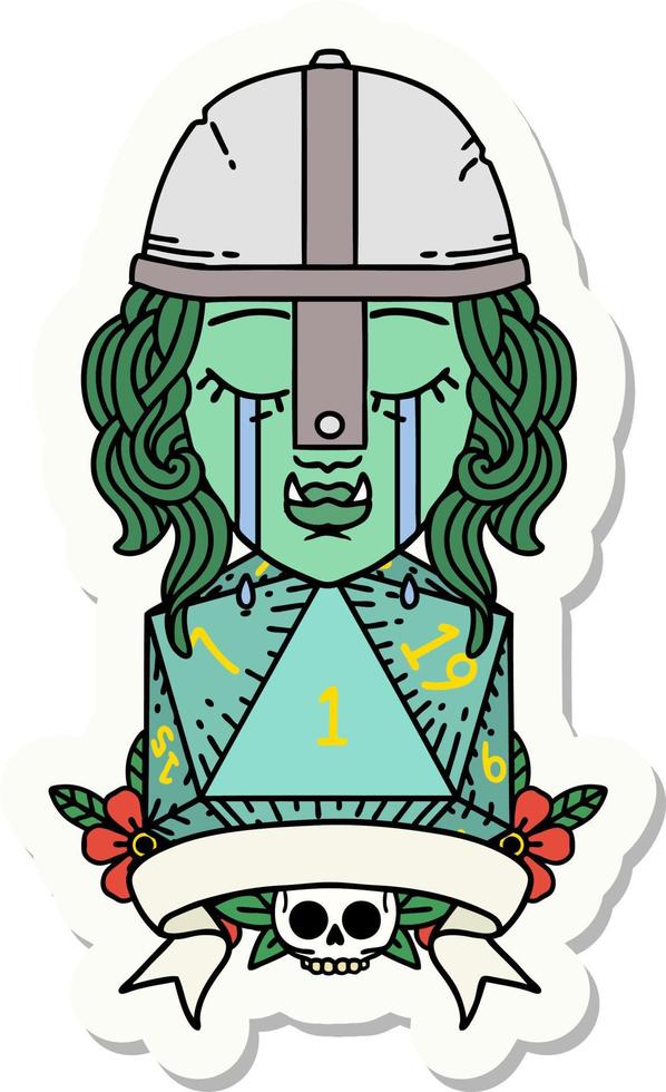 sticker of a crying orc fighter character with natural one D20 roll vector