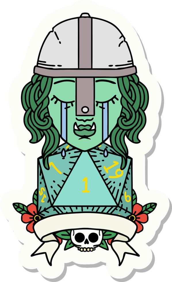 sticker of a crying orc fighter character with natural one D20 roll vector