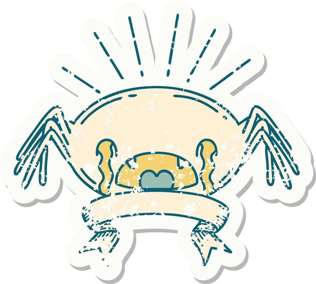 worn old sticker of a tattoo style crying spider vector