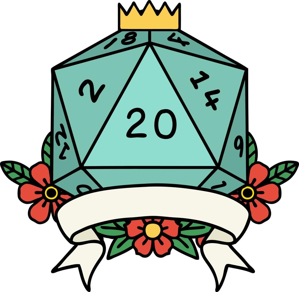 Retro Tattoo Style natural 20 critical hit D20 dice roll vector