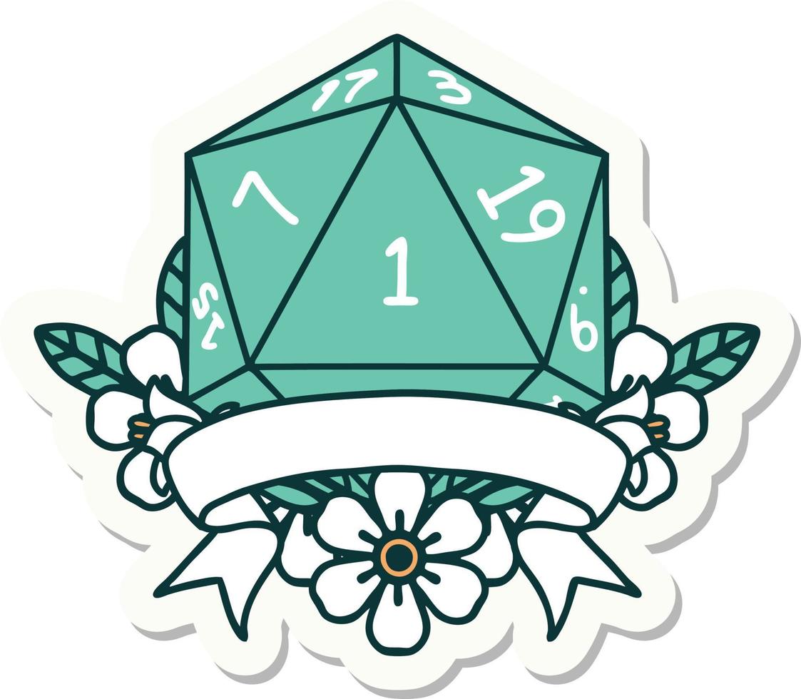 sticker of a natural one d20 dice roll vector