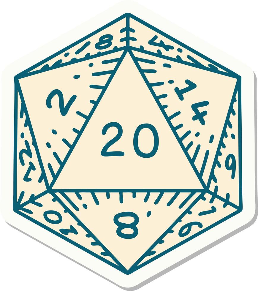 sticker of a natural 20 D20 dice roll vector