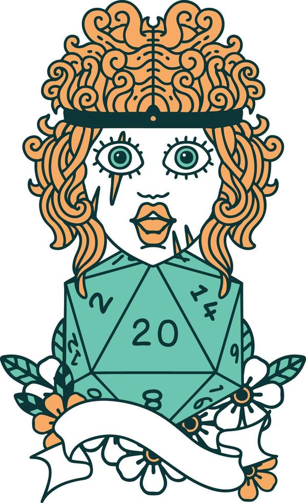 Retro Tattoo Style human barbarian with natural 20 dice roll vector