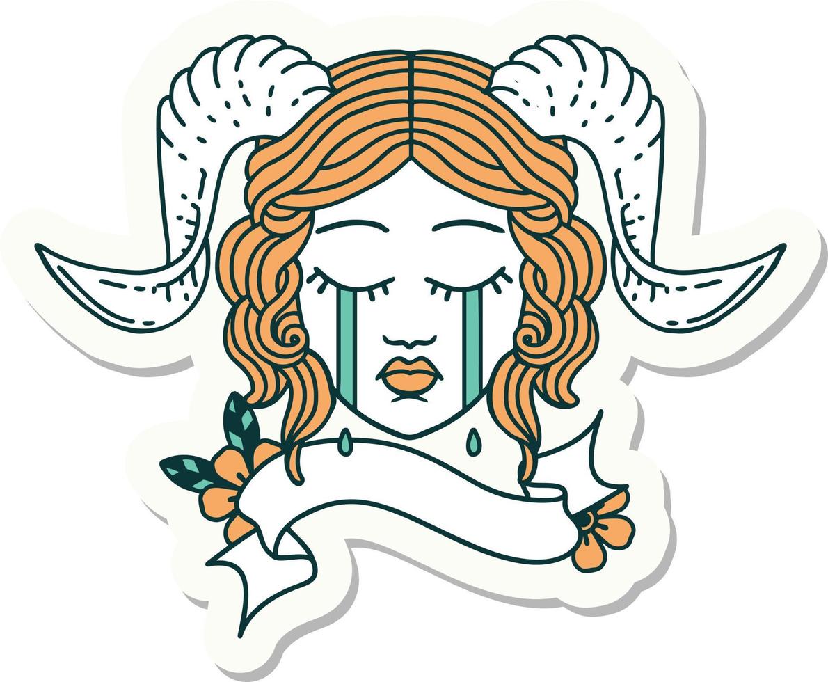 sticker of a crying tiefling character face with scroll banner vector
