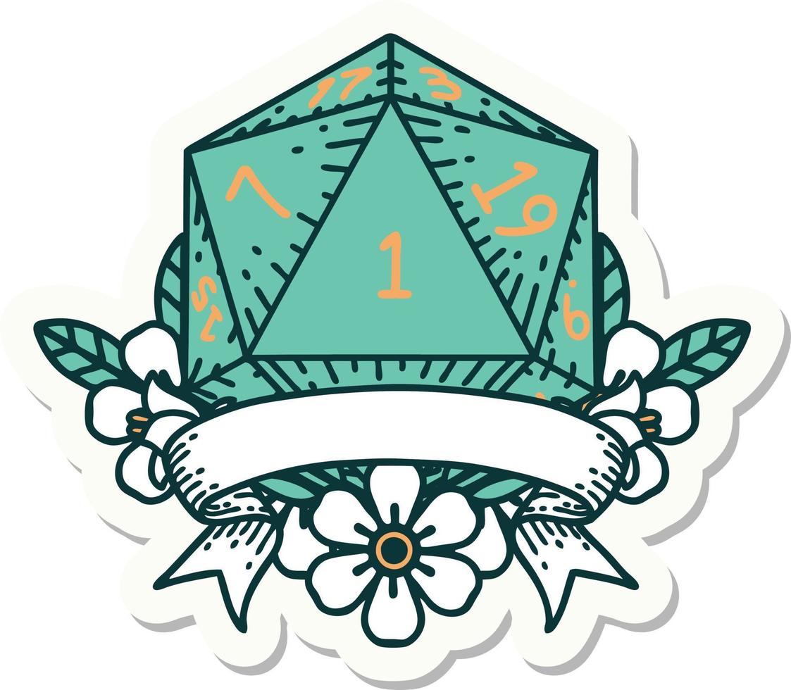 sticker of a natural one d20 dice roll vector