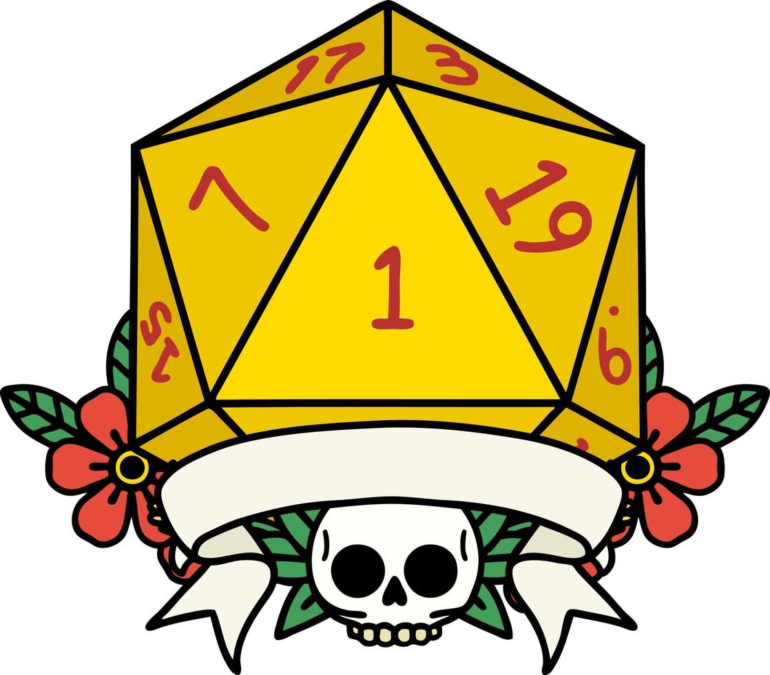 Retro Tattoo Style natural one d20 dice roll vector
