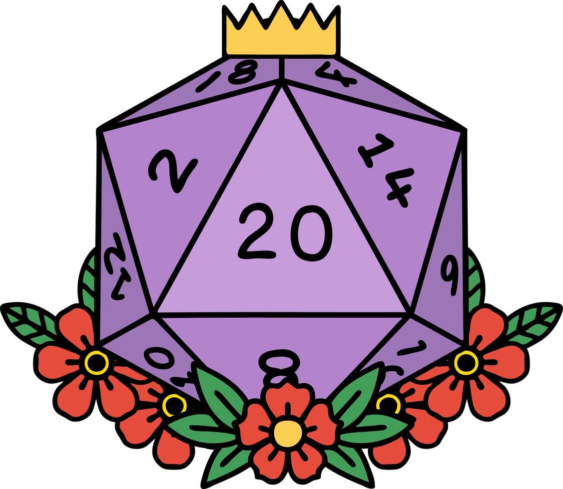 Retro Tattoo Style natural 20 D20 dice roll with floral elements vector