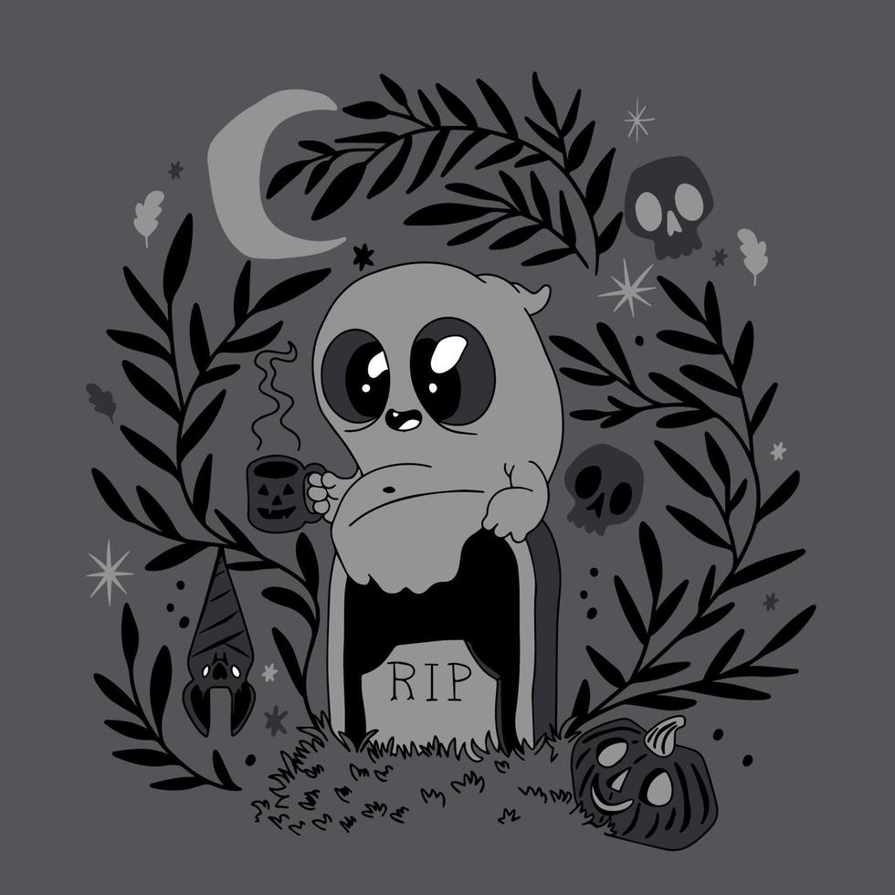 Beautiful background, a cheerful ghost sits on a grave with a cup of tea vector