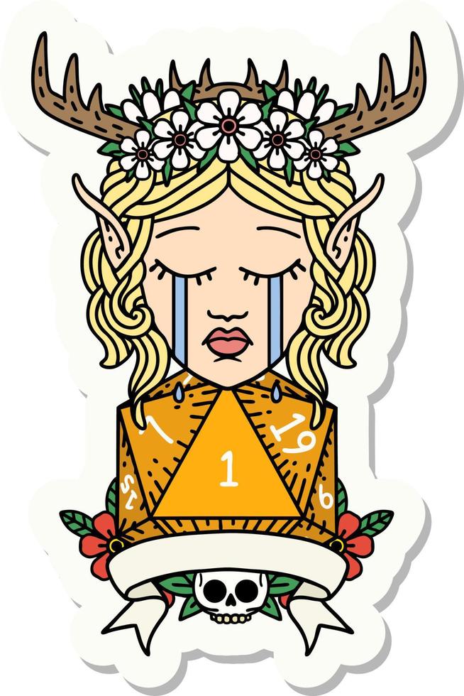 sticker of a sad elf druid character face with natural one D20 roll vector