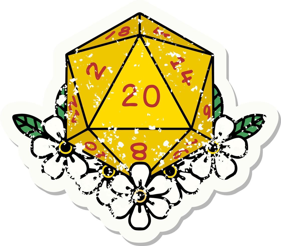 grunge sticker of a natural 20 D20 dice roll with floral elements vector