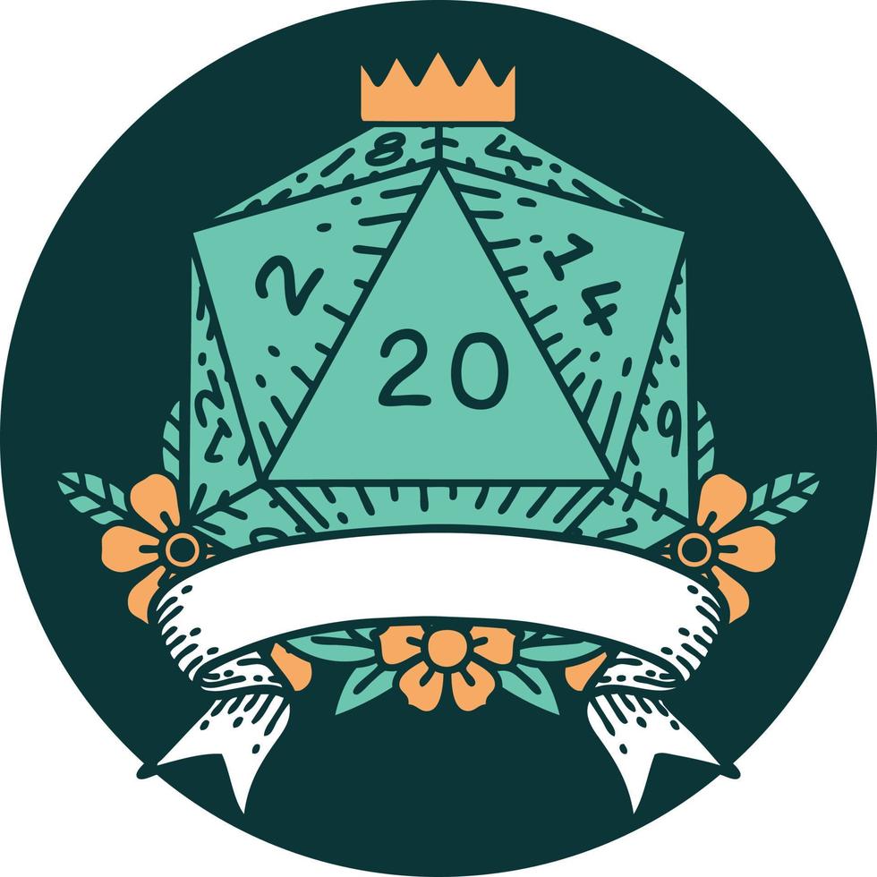 icon of natural 20 critical hit D20 dice roll vector