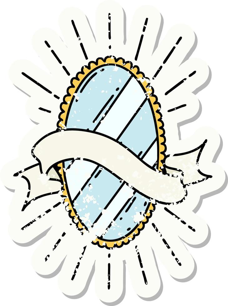 worn old sticker of a tattoo style shining mirror vector