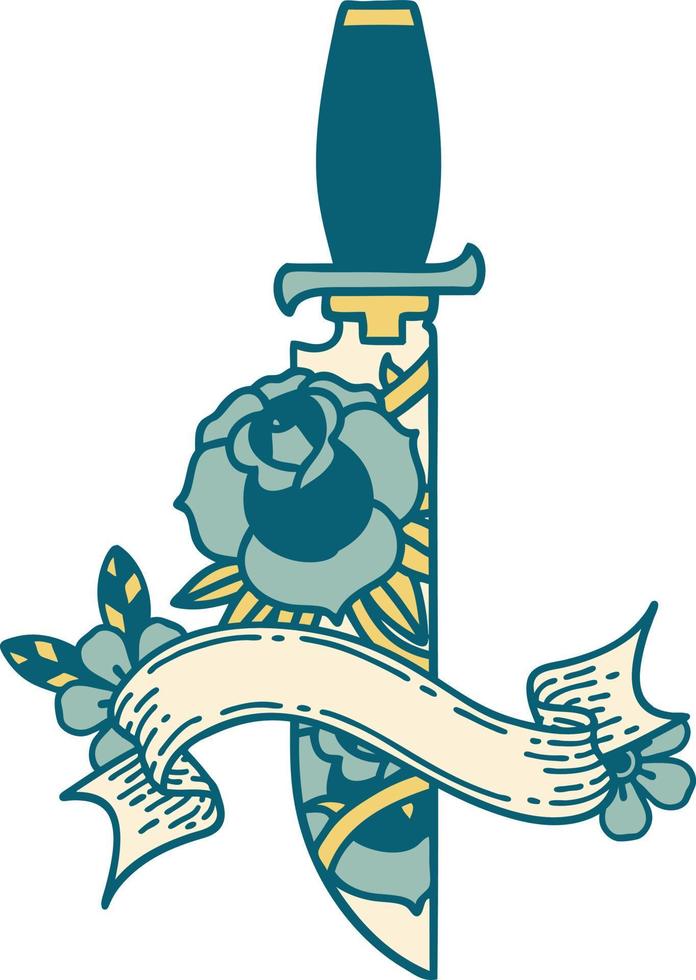 tattoo with banner of a dagger and flowers vector