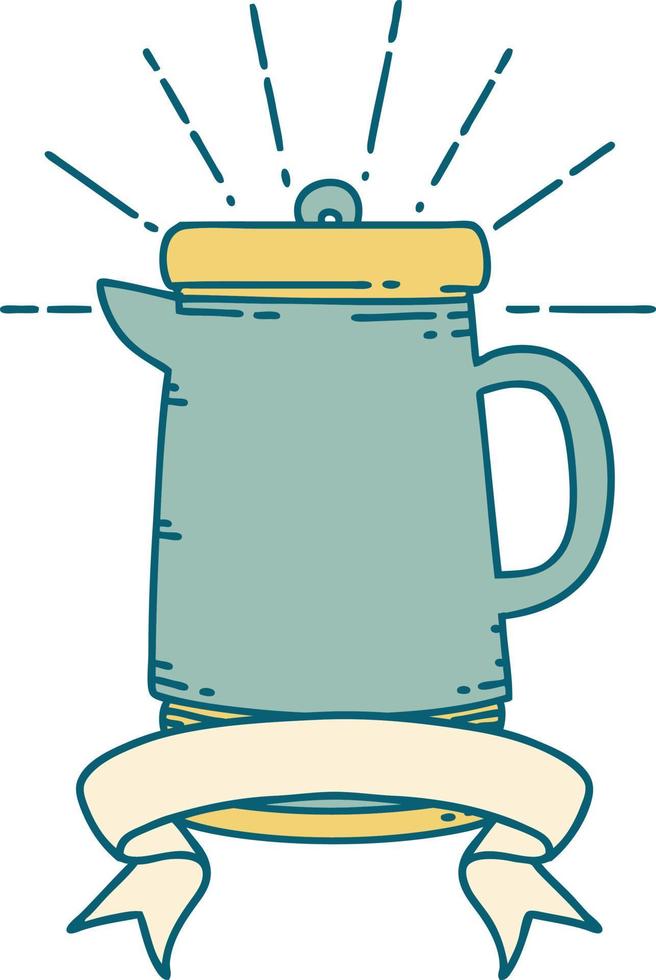 scroll banner with tattoo style coffee pot vector