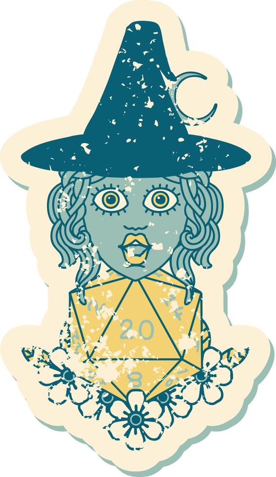 grunge sticker of a human witch with natural twenty dice roll vector