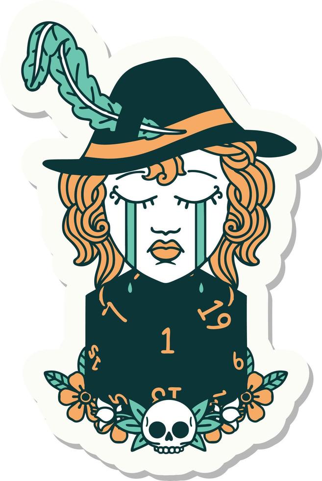 crying human bard with natural one D20 dice roll sticker vector