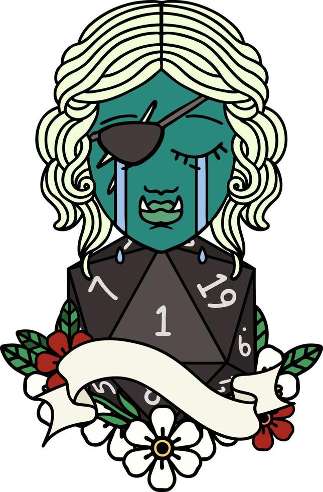 crying orc rogue character face with natural one d20 dice roll illustration vector