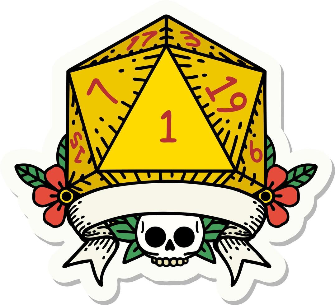 natural one d20 dice roll sticker vector