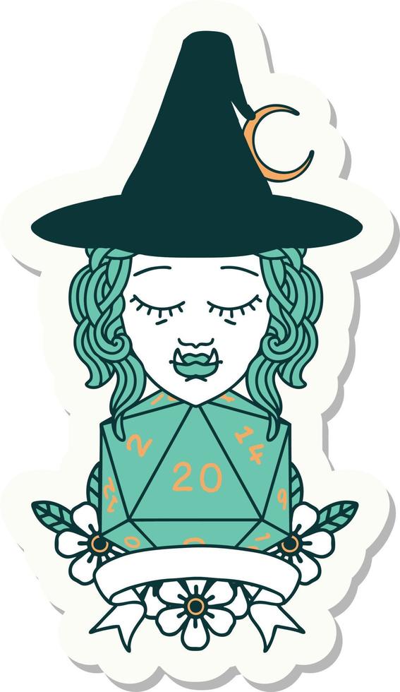 sticker of a half orc witch character with natural 20 dice roll vector