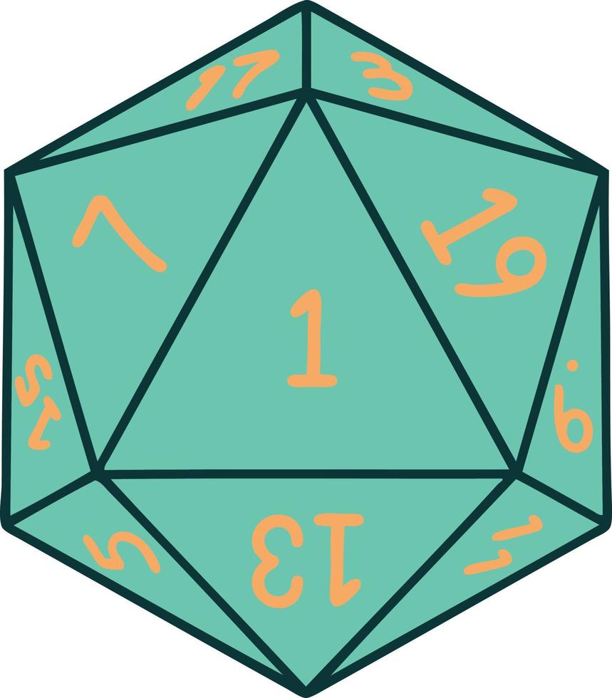Retro Tattoo Style natural 1 D20 dice roll vector