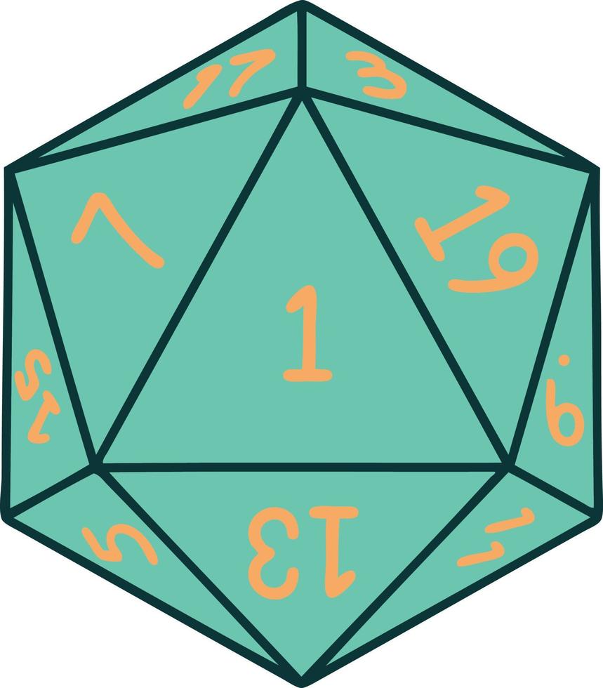 Retro Tattoo Style natural 1 D20 dice roll vector