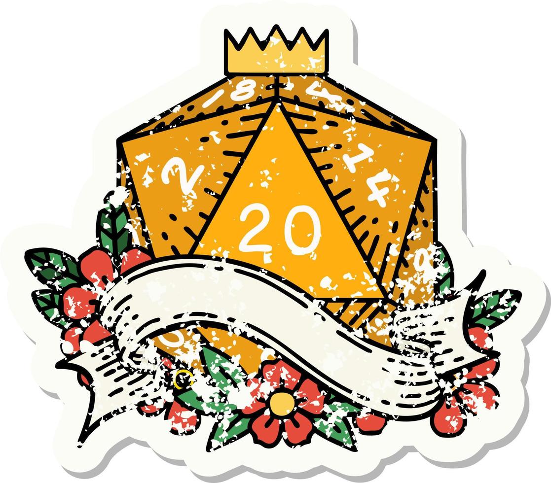 natural twenty D20 dice roll grunge sticker vector