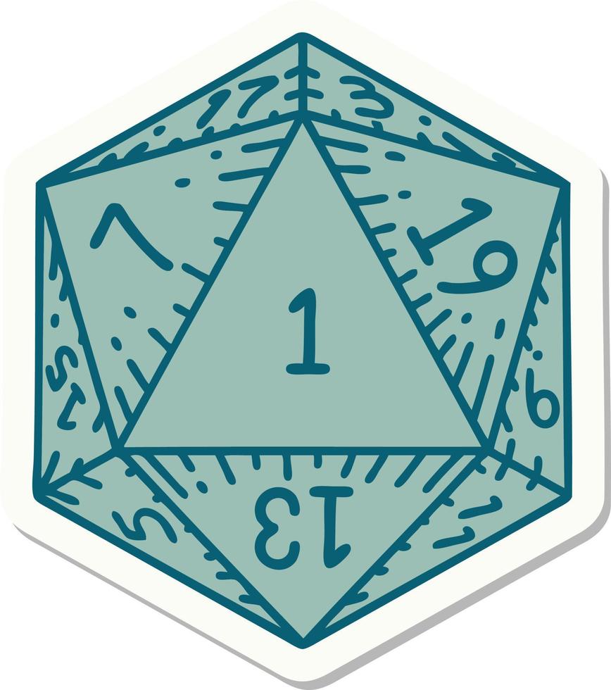 natural 1 D20 dice roll sticker vector