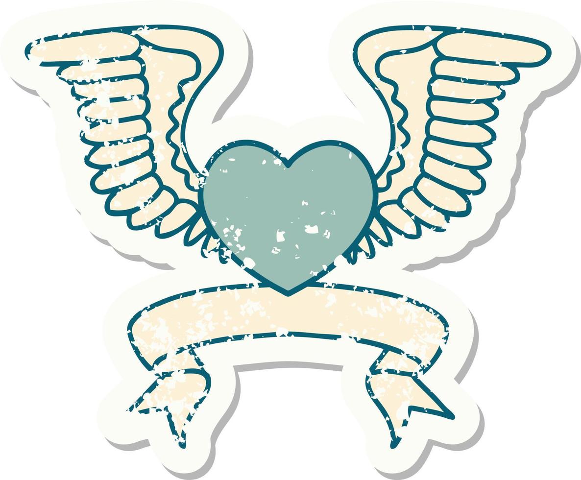 grunge sticker with banner of a heart with wings vector