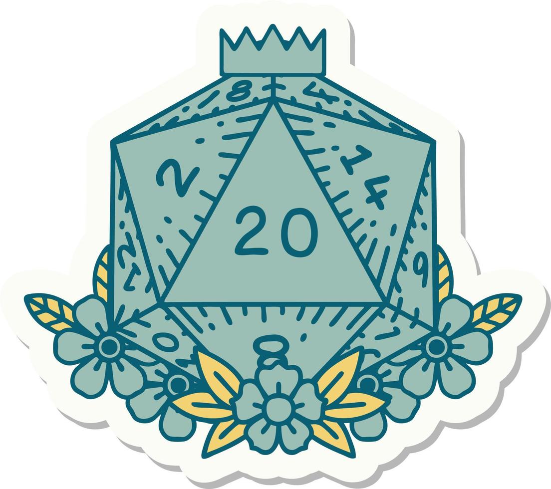 natural 20 D20 dice roll with floral elements sticker vector