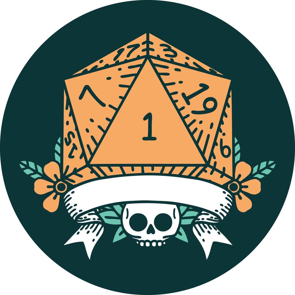 natural one d20 dice roll icon vector