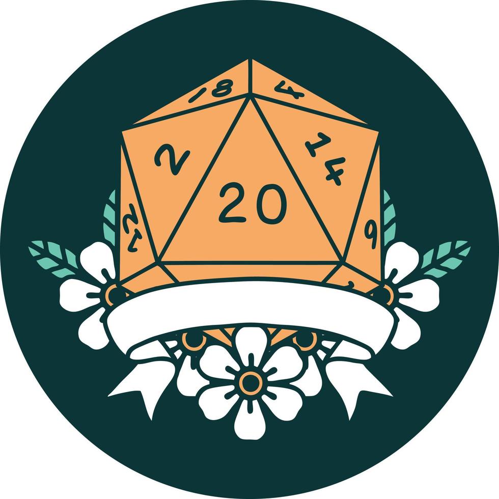 natural 20 critical hit D20 dice roll icon vector