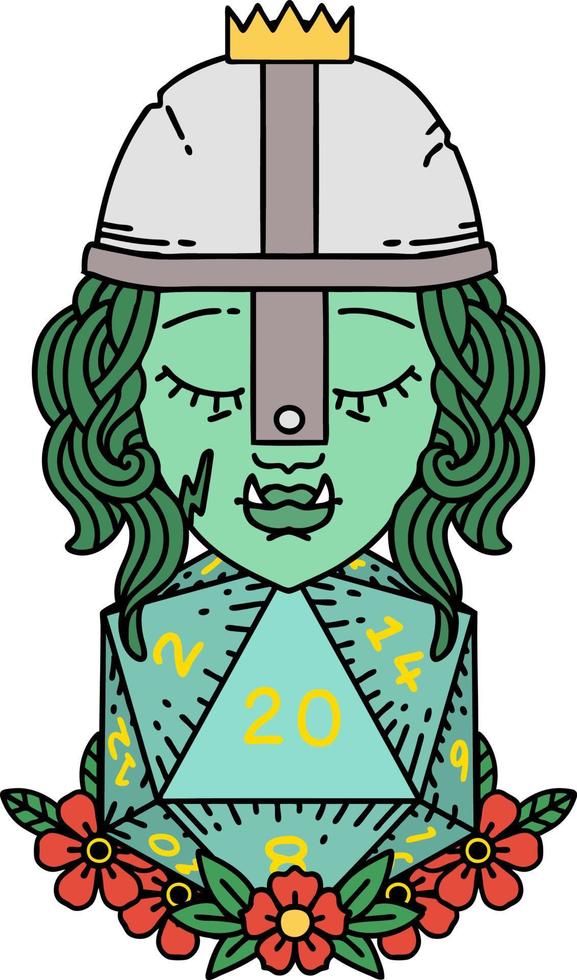 orc fighter character with natural twenty dice roll illustration vector
