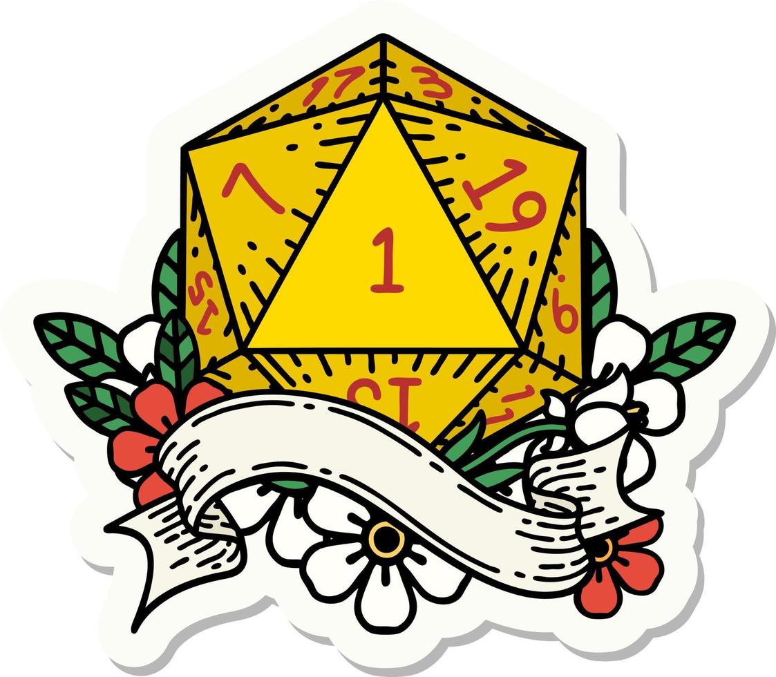 natural one d20 dice roll sticker vector