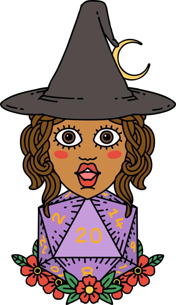 human witch with natural twenty dice roll illustration vector