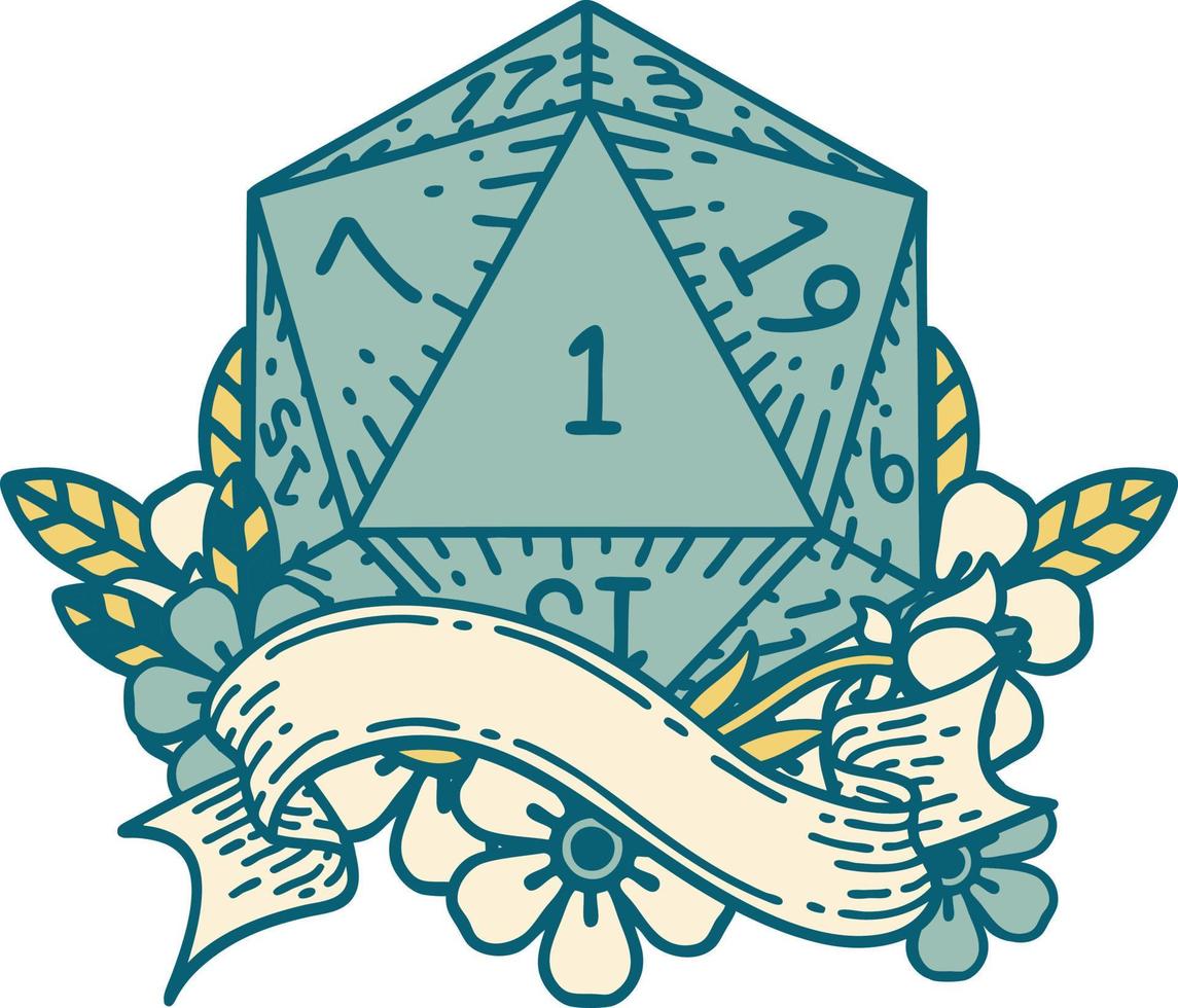 natural one d20 dice roll illustration vector