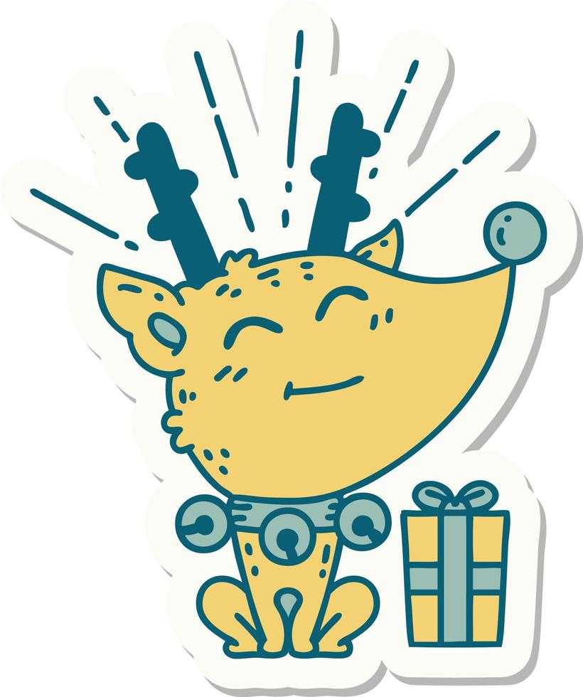 sticker of tattoo style christmas reindeer with present vector