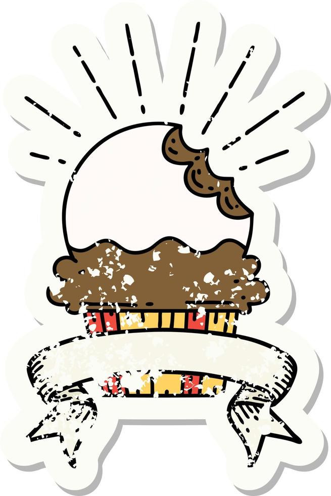 grunge sticker of tattoo style cupcake with missing bite vector