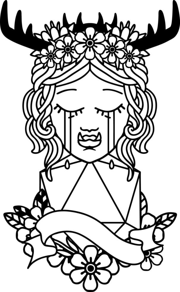 crying orc barbarian character face with natural one D20 roll illustration vector