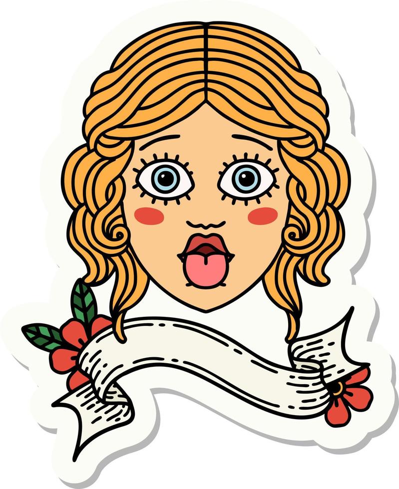 tattoo sticker with banner of female face sticking out tongue vector