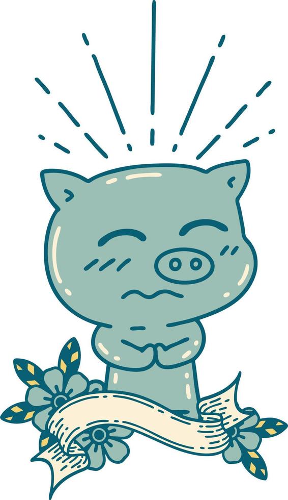 banner with tattoo style nervous pig character vector