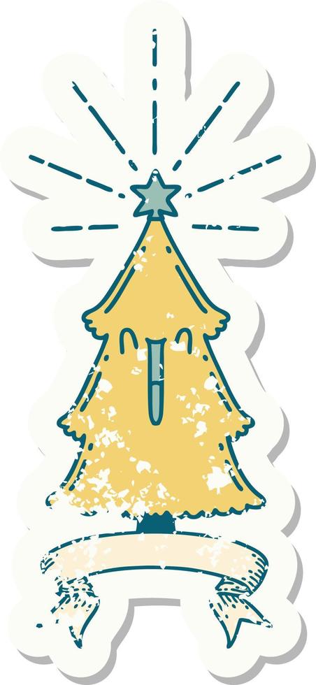 grunge sticker of tattoo style christmas tree with star vector