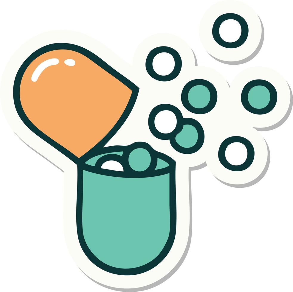 burst open medical capsule pill sticker vector