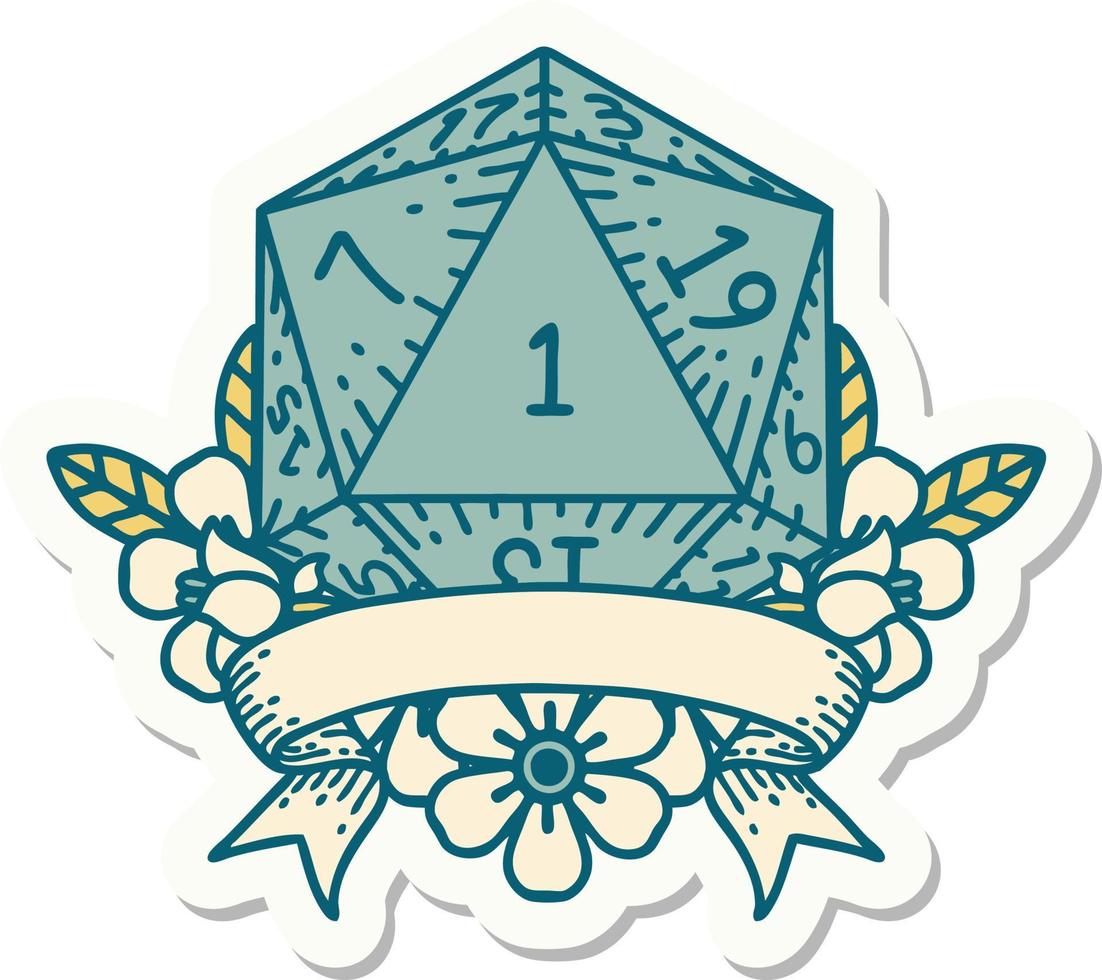 natural one d20 dice roll sticker vector