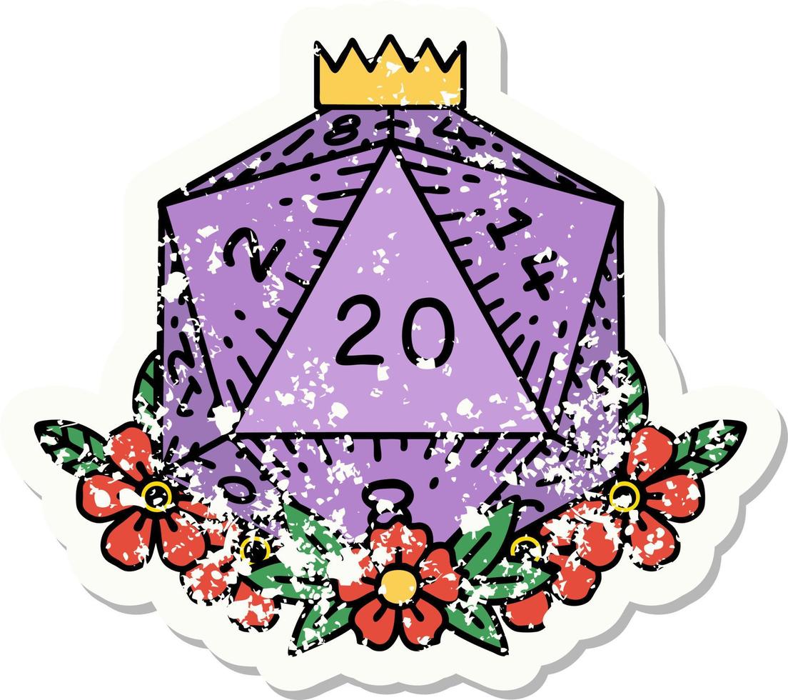 natural 20 D20 dice roll with floral elements grunge sticker vector