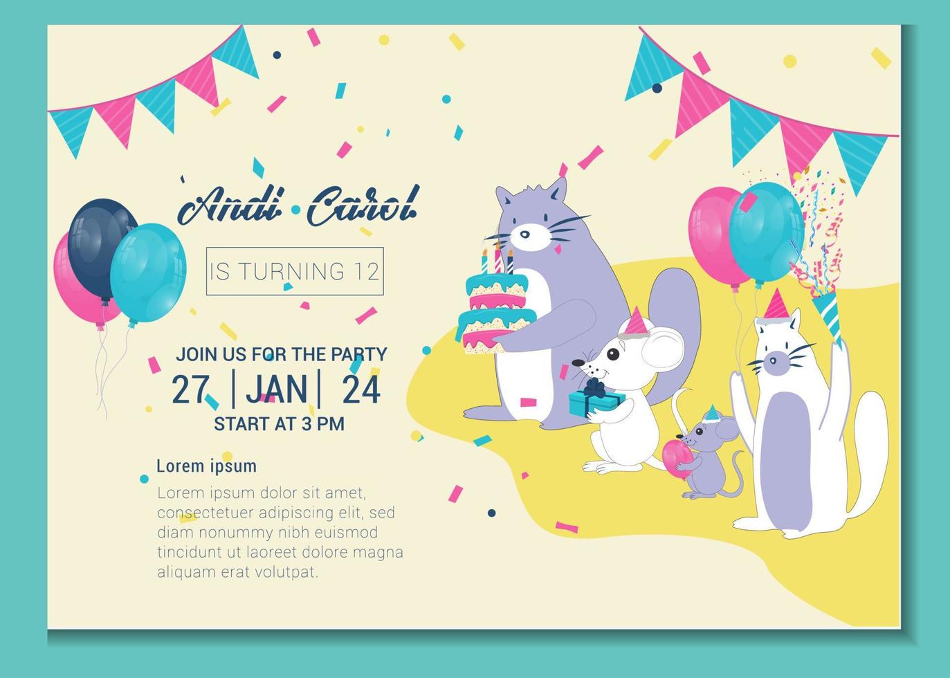 Children's birtday card template with illustrations vector
