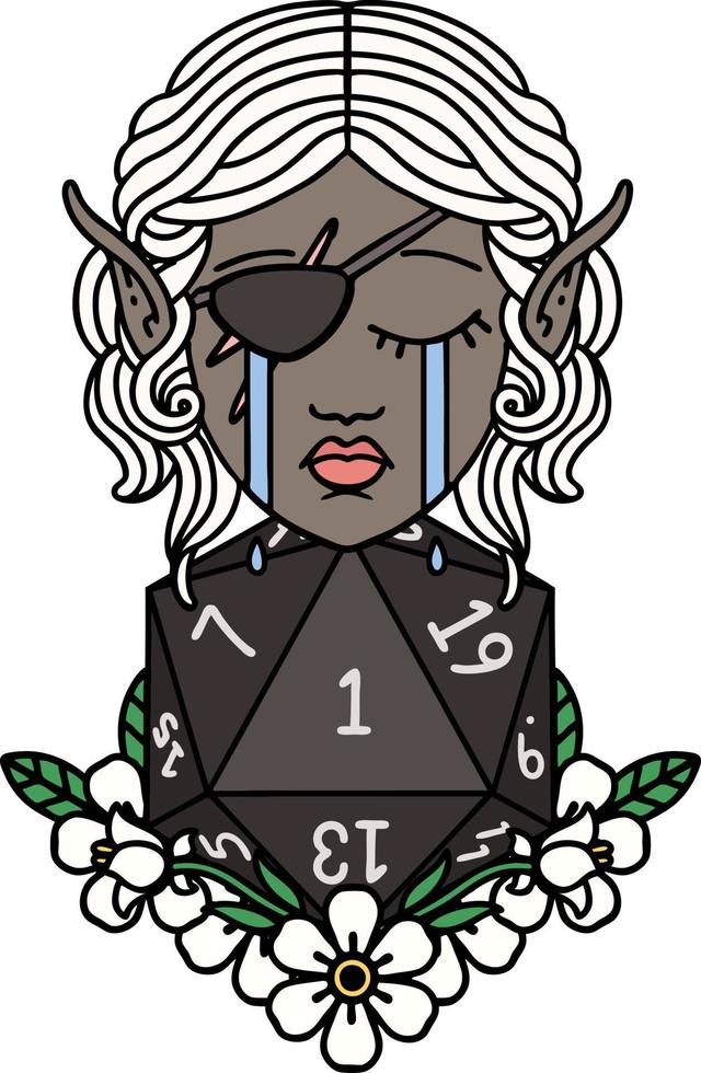 crying elf rogue character face with natural one D20 roll illustration vector