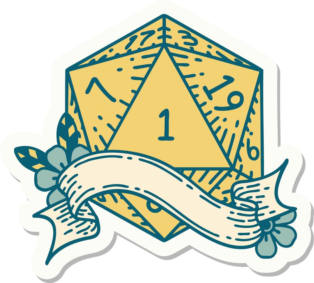 natural one d20 dice roll sticker vector