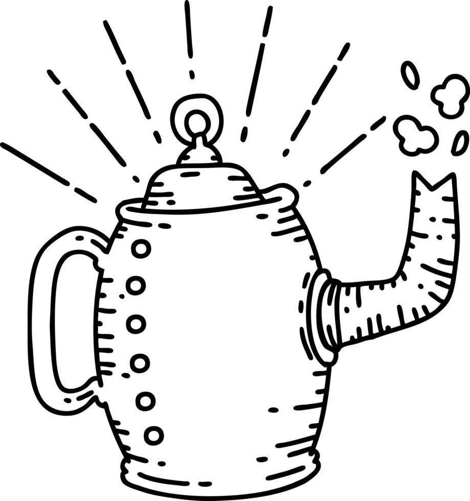 traditional black line work tattoo style old coffee pot steaming vector