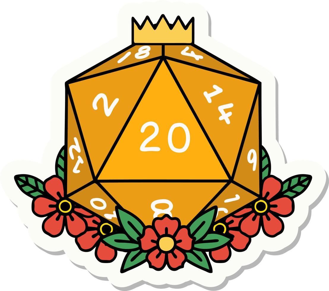 natural 20 D20 dice roll with floral elements sticker vector